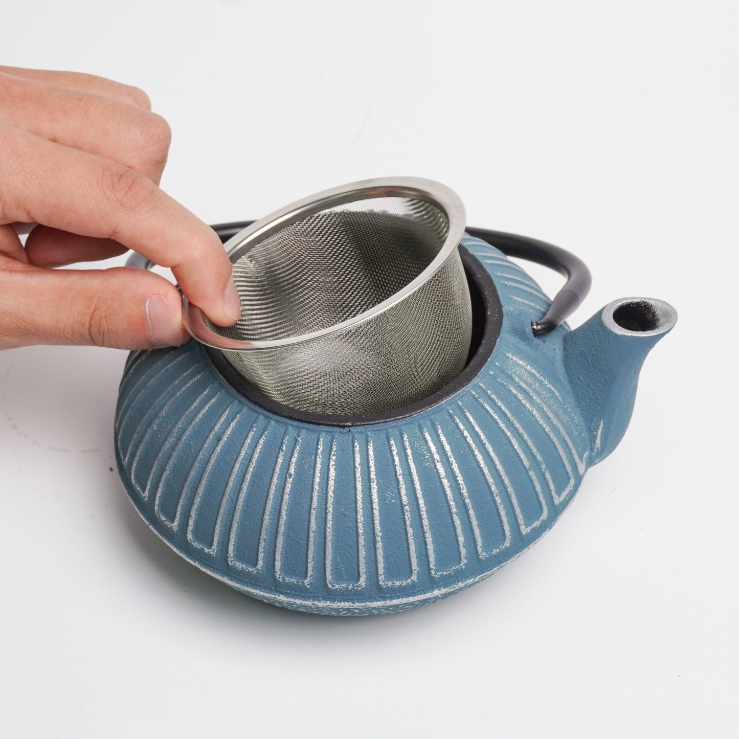 Blue-Gray Ribbed Cast Iron Teapot | Textured Craft for Modern Homes