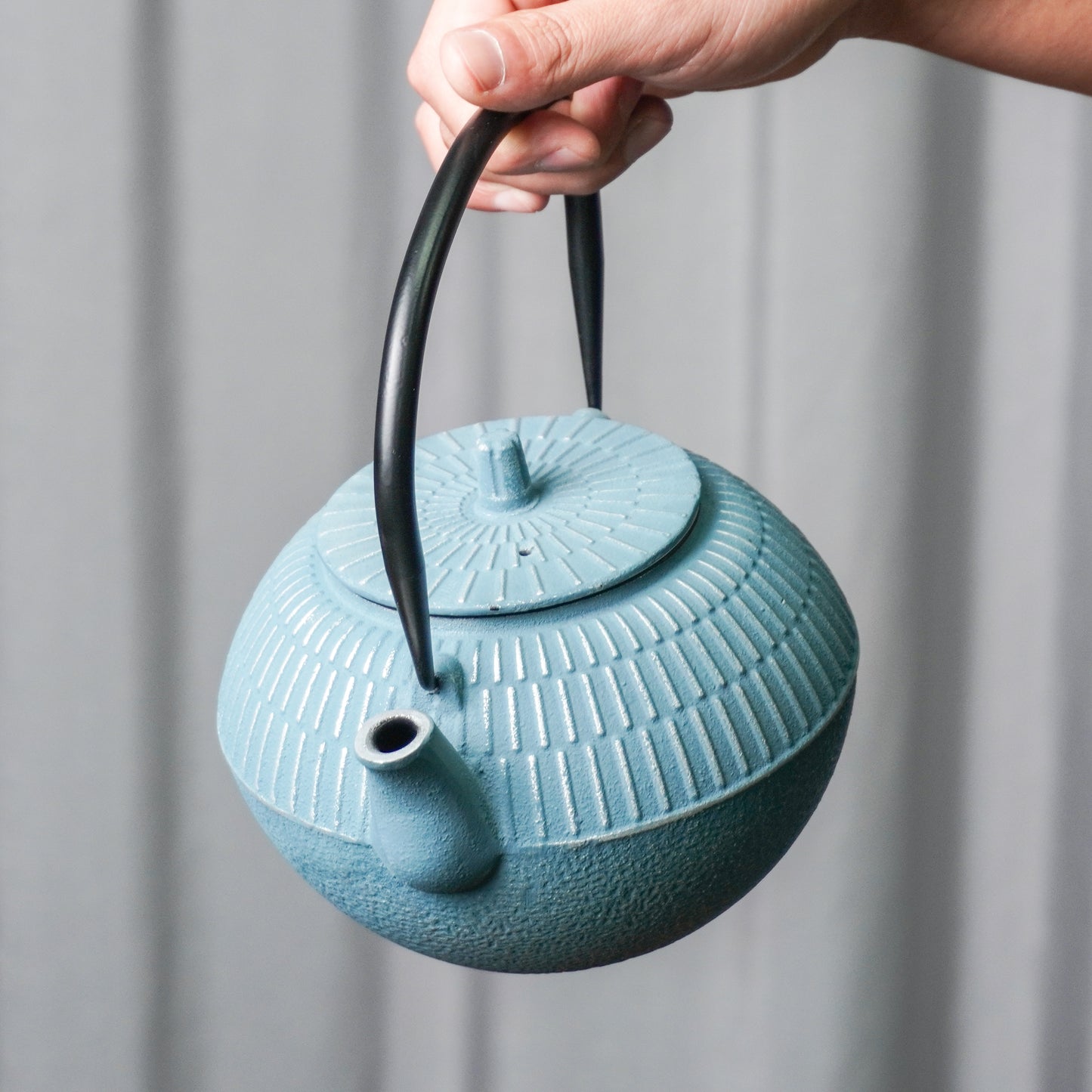 Blue-Gray Ribbed Cast Iron Teapot | Textured Craft for Modern Homes