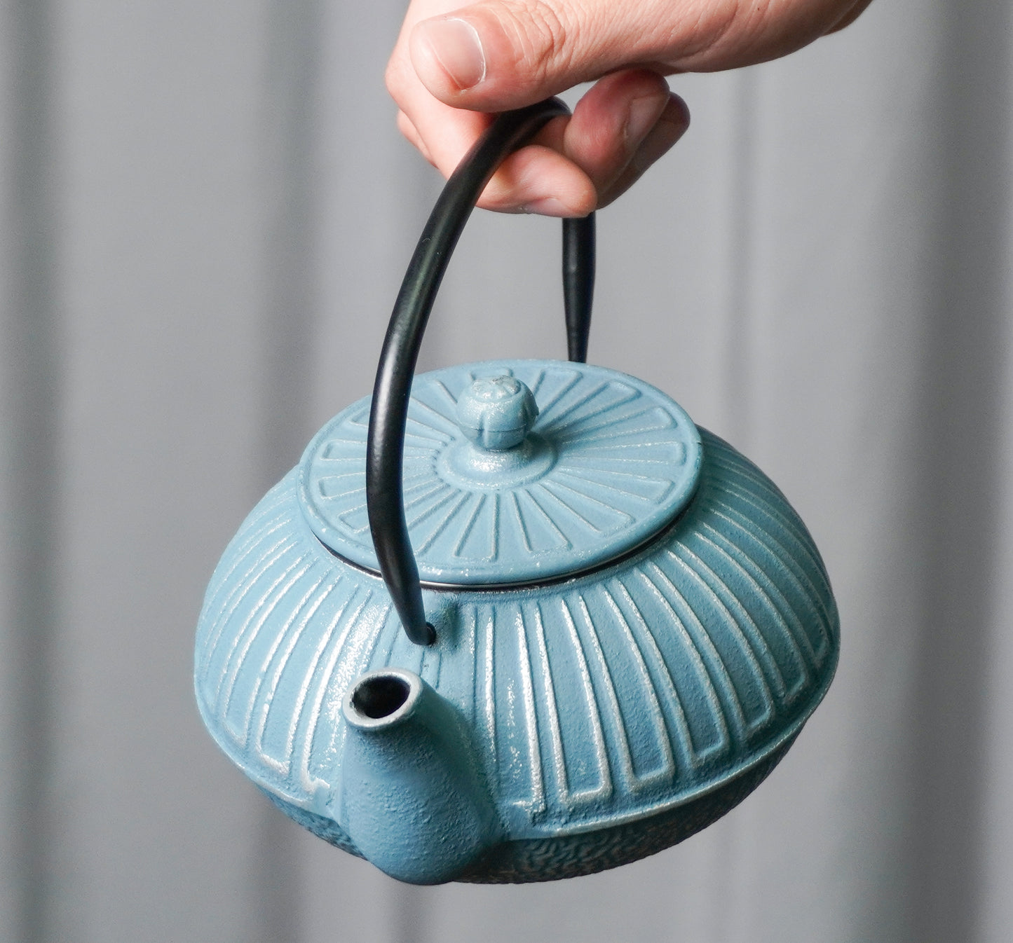 Blue-Gray Ribbed Cast Iron Teapot | Textured Craft for Modern Homes