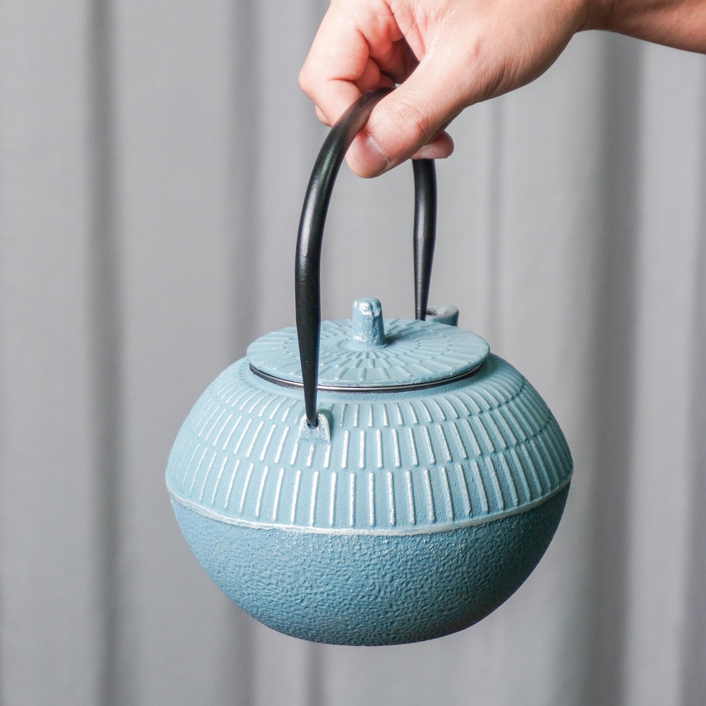 Blue-Gray Ribbed Cast Iron Teapot | Textured Craft for Modern Homes