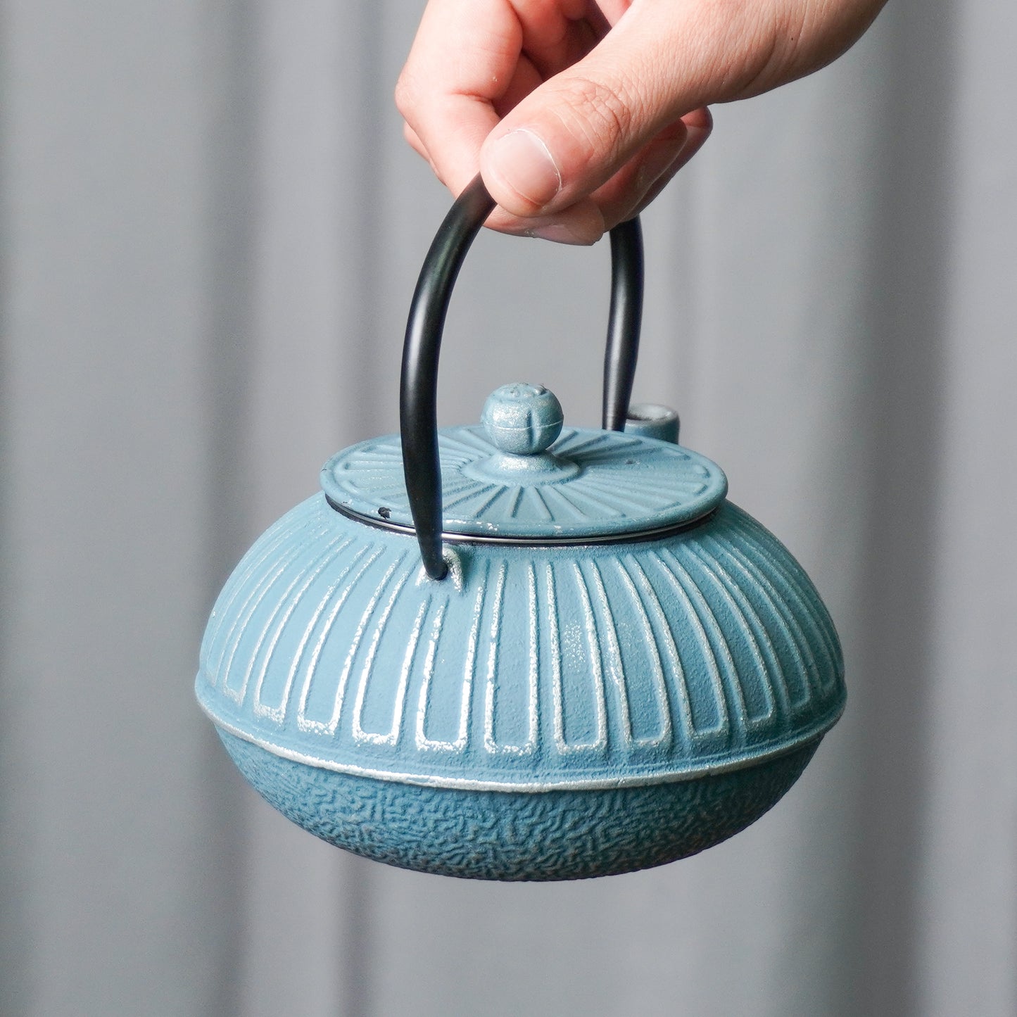Blue-Gray Ribbed Cast Iron Teapot | Textured Craft for Modern Homes