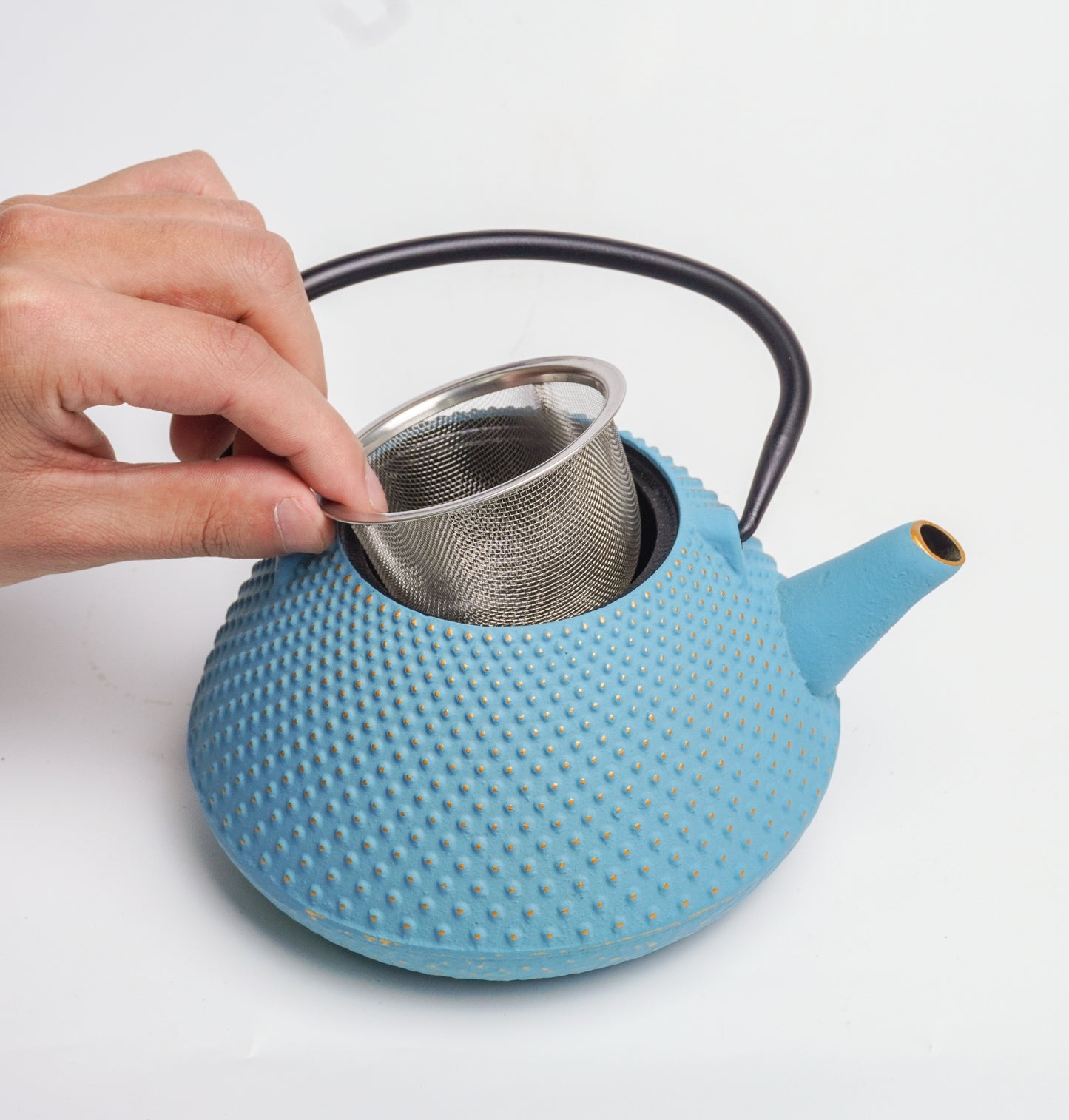Blue & Gold Dotted Cast Iron Teapot | Removable Infuser for Easy Brewing